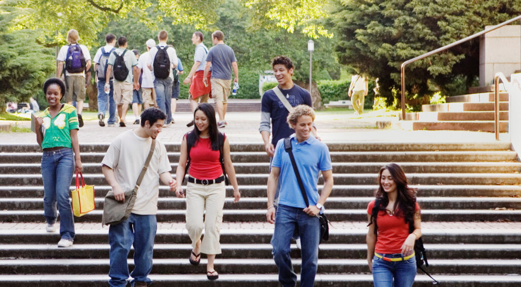 Students walking down steps