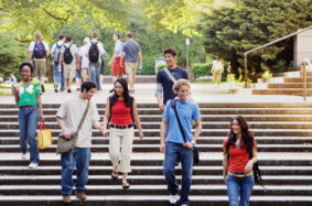 Students walking down steps