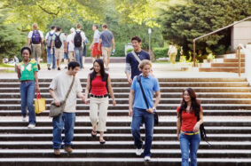 Students walking down steps