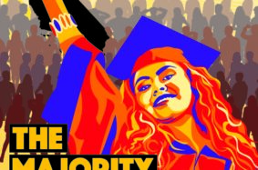 The Majority Report cover showing graduate with her fist up