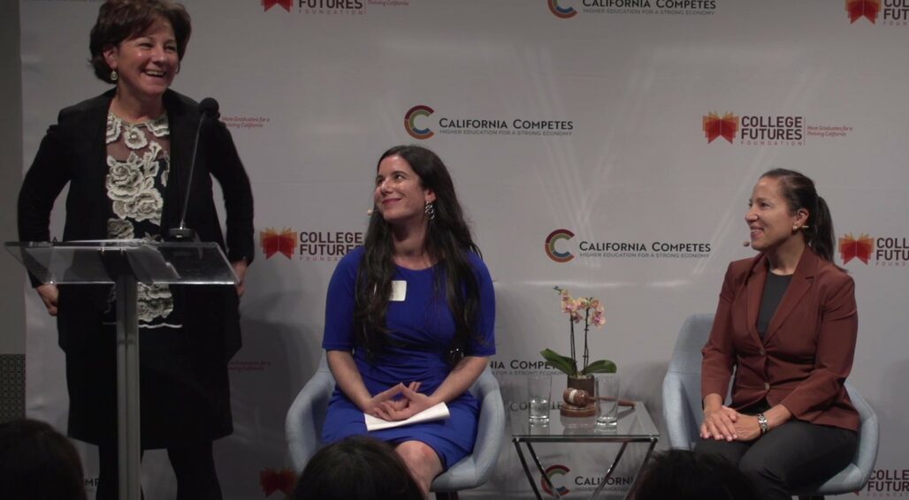 College Futures Foundation CEO on stage with Lieutenant Governor Kounalakis