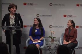 College Futures Foundation CEO on stage with Lieutenant Governor Kounalakis